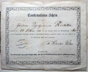 Confirmations-Schein für Pauline Wilhelmine Wehner, geb. Richter