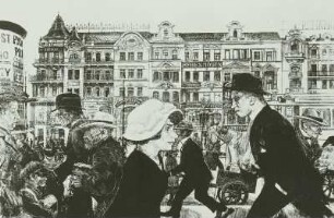 Berliner Straße (Frau mit hellem Hut im Vordergrund)