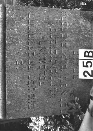 Grabstein 25 (Index: 100114440) Material: Kalkstein Zustand: verwittert Maße HxBxT: 194x60x48 cm Beschreibung: Obelisk, Sockel: Grabstein 25B