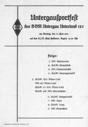 Programmblatt zum Sportfest des BDM Untergau Unterland 121 auf dem VfR-Platz