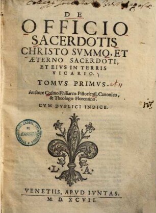 De officio sacerdotis Christo summo et aeterno sacerdoti et ejus in terris vicario, 1.
