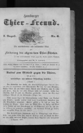 Aufruf zum Mitleid gegen die Thiere, und zu einer vernüftigen und milderen Behandlung derselben.
