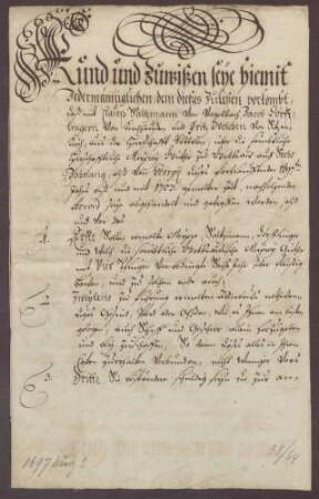 Bestandsbrief über die Gottesauer Meierei zwischen der Landesherrschaft und Hans Salzmann auch Vogelbach, Jakob Dörflinger aus Kirchhausen und Fritz Wolch aus Sitzenkirch.