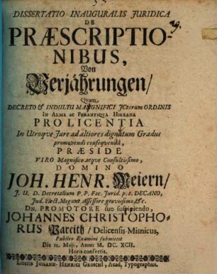 Dissertatio Inauguralis Iuridica De Praescriptionibus, Von Verjährungen