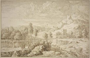 Italienische Landschaft mit Gebäude, auf dem Weg ein Hirte mit Schafen, links drei Figuren