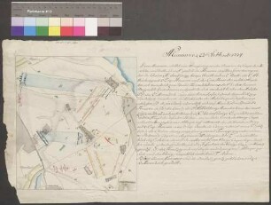 Bornstädt [Manöverkarte]; ohne Verfasser; ohne Maßstab; Kartengröße 22 x 24,5 cm; Blattgröße 49 x 29,5 cm; Kartenrand: Borne; Ruinenberg; Nedlitz; Papier; Federzeichnung mit Schraffen; Gewässer, Waldungen in Wasserfarben; Einzeichnung der Truppenstellungen; rechts Beschreibung des Manövers.