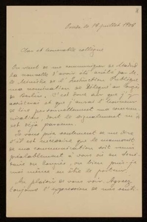 8: Brief von Rafael Altamira y Crevea an Otto von Gierke, Oviedo, 18.7.1908