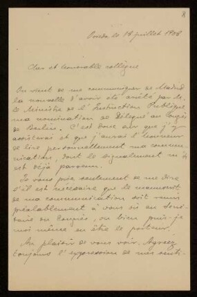 8: Brief von Rafael Altamira y Crevea an Otto von Gierke, Oviedo, 18.7.1908