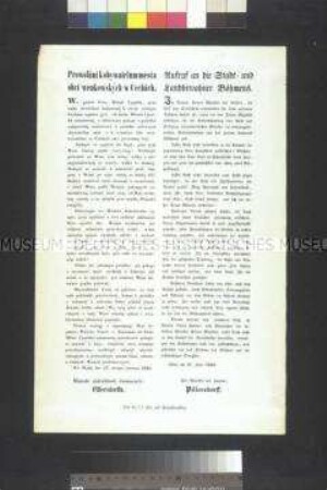 Maueranschlag: Zweisprachiger Aufruf vom Minister des Innern Pillersdorf an die Stadt- und Landbewohner Böhmens; Wien, 17. Juni 1848