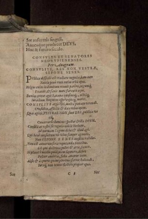 Consules Et Senatores Neorupienenses. Per Anagram. Consulite, Res Non Vestrae, Sepone Senes