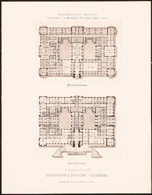 Hervorragende Projekte für den Hamburger Rathausbau 1876: Grundriss 1. OG, 2. OG