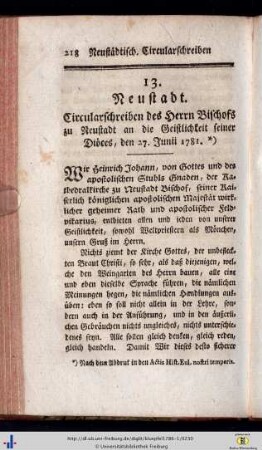 13. Bischöflich-Neustadtisches Circularschreiben an die Geistlichkeit seines Kirchsprengels, den 27. Junii 1781.