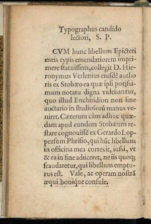 Typographus candido lectori, S. P.
