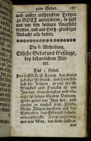 Die II. Abtheilung. Etliche Gebet und Gesänge, bey beharrlichem Wetter.