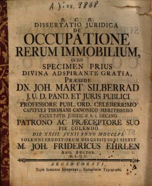 Dissertatio Iuridica De Occupatione Rerum Immobilium. Specimen Prius