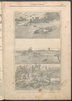 Actualidades [de la guerra civil chilena] : [1.] Placilla. - [2.] Artillería del gobierno. - [3.] Cadáveres dispuestos para la cremación.