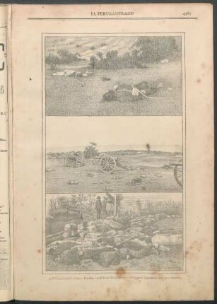 Actualidades [de la guerra civil chilena] : [1.] Placilla. - [2.] Artillería del gobierno. - [3.] Cadáveres dispuestos para la cremación.