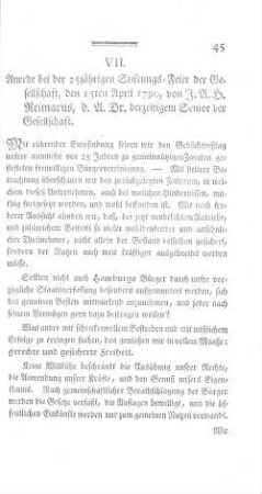 VII. Anrede bei der 15jährigen Stiftungs-Feier der Gesellschaft, den 15ten April 1970.
