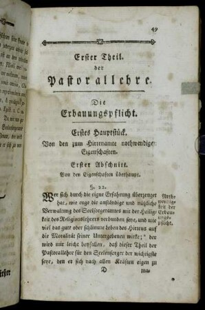 Erstes Hauptstück. Von den zum Hirtenamte nothwendige Eigenschaften.