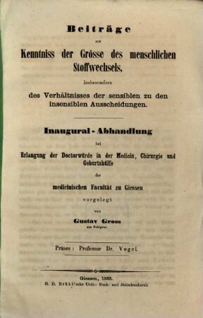 Beiträge zur Kenntniss der Grösse des menschlichen Stoffwechsels : Inaug.-Abh.