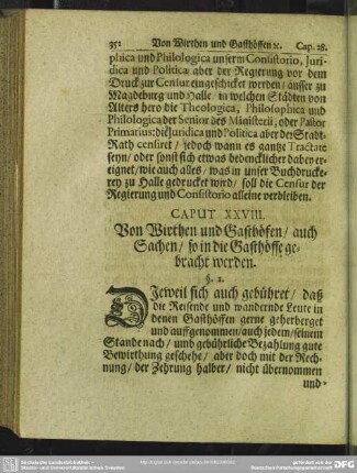Caput XXVIII. Von Wirthen und Gasthöfen, auch Sachen, so in die Gasthöffe gebracht werden