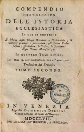 Copmendio cronologico dell'istoria ecclesiastica ... 33 - 1700. 2