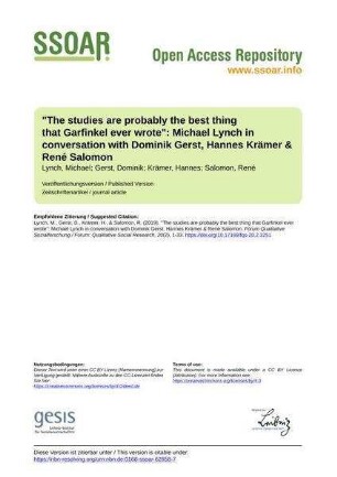 "The studies are probably the best thing that Garfinkel ever wrote": Michael Lynch in conversation with Dominik Gerst, Hannes Krämer & René Salomon