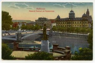 "Bismarck-Denkmal mit Neckarbrücke" - Hauptpost (Postamt 1, Kaiserstraße 2) (color)