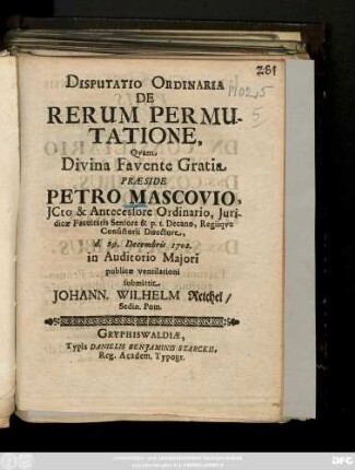Disputatio Ordinaria De Rerum Permutatione