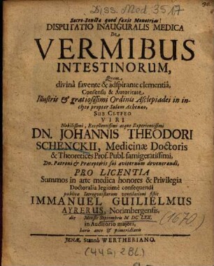 Disputatio Inauguralis Medica De Vermibus Intestinorum