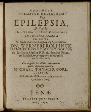 Centuria Thematum Medicorum De Epilepsia