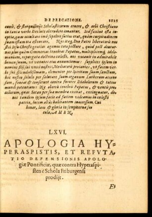 LXVI. Apologia Hyperaspistis, Et Refutatio Defensionis Apologiae Pontificiae, quae contra Hyperaspisten e Schola Frigurgensi prodiit.