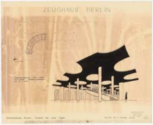 Zeughaus, Berlin Wiederaufbau: Grundriss Erdgeschoss 1:200, Perspektivische Ansicht des Innenraums