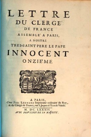 Lettre Du Clergé De France Assemblé A Paris, A Nostre Tres-Saint Pere Le Pape Innocent Onzième
