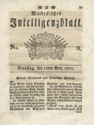 No. 11, Dienstag, den 18ten Merz 1800
