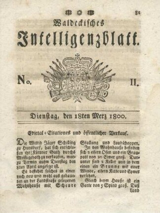 No. 11, Dienstag, den 18ten Merz 1800