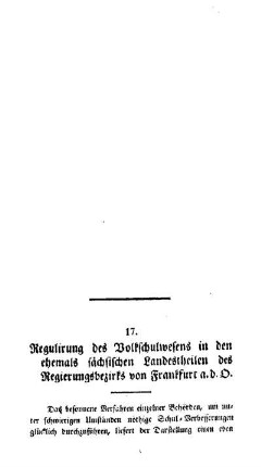 Regulierung des Volksschulwesens in den ehemals sächsischen Landestheilen des Regierungsbezirks von Frankfurt a. d. O.