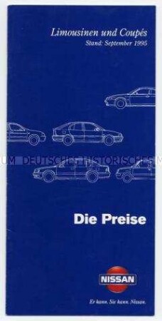 Werbematerial des japanischen Autoherstellers Nissan: Preisliste 1995