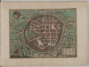 Ansicht von Freiberg mit Wappen, Kupferstich, um 1572 : Fribergvm Misinae. / [Stecher: Franz Hogenberg, Hrsg.: Braun u. Hogenberg]. - [Coloniae Agrippiniae], [1572]. - 1 Kunstblatt : Kupferst. ; mehrfarb. ; 45,3 x 33,1 cm. - Titel oben Mitte. - Mit 1 Wappen. - Aus: Städtebuch "Civitates Orbis Terrarum" (in der deutschen Übretragung von Schefold: Beschreibung und Contrafactur der Vornembster Stät der Welt) heraus, wobei Hogenberg im Wesentlichen Schöpfer der Kupfertafeln war. (Köln: Godfrid von Kempen 1572-1618), Bd. 1 (1572)
