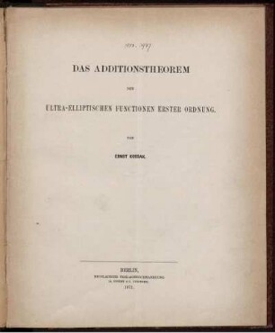 Das Additionstheorem der ultra-elliptischen Functionen erster Ordnung