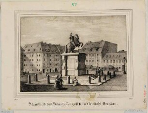 Das Reiterstandbild (Goldener Reiter) des Kurfürsten Friedrich August II. auf dem Neustädter Markt in Dresden, Blick nach Westen