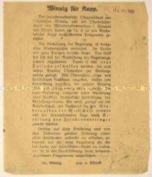 Flugblatt der ostpreußischen Regierenden Winnig und Estorff mit Wortlaut eines Unterstützungstelegramms an Reichskanzler Kapp