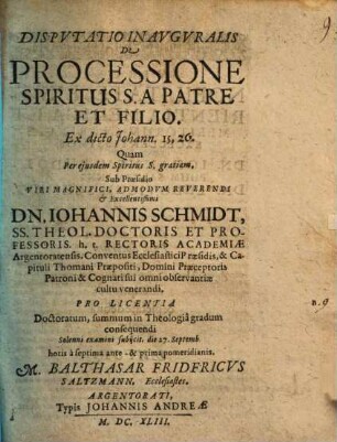 Disp. inaug. de processione Spiritus S. a patre et filio