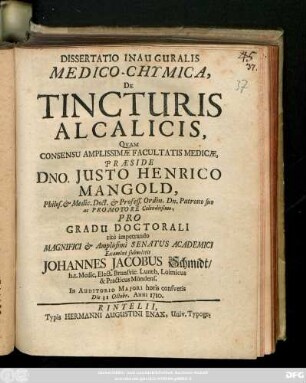 Dissertatio Inauguralis Medico-Chymica, De Tincturis Alcalicis