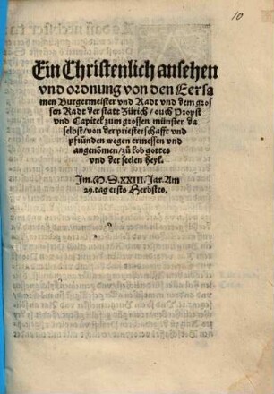 Ein Christenlich ansehen, und ordnung von den Eersamen Bürgermeister und Radt ... der Statt Zürich ... von der priesterschafft und pfrunden wegen ...