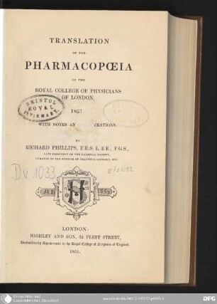 Translation of the Pharmacopoeia of the Royal College of Physicians of London, 1851