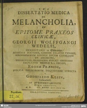 Dissertatio Medica De Melancholia : Ex Epitome Praxeos Clinicae