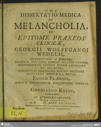 Dissertatio Medica De Melancholia : Ex Epitome Praxeos Clinicae
