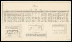 Kasernenfassade Monatskonkurrenz Dezember 1834: Aufriss Hauptansicht, Details (Gesimse, Fassadenschmuckbänder); Maßstabsleiste