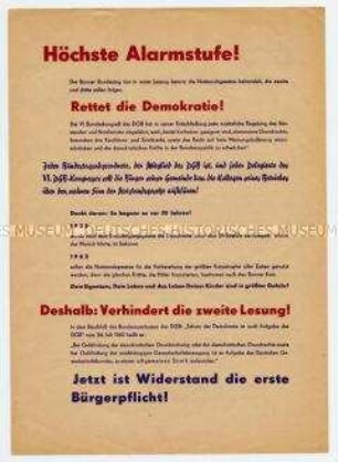 Aufruf zum Kampf gegen die Verwirklichung der Notstandsgesetzgebung (besonders auch durch Einwirken auf die Bundestagsmitglieder des DGB)